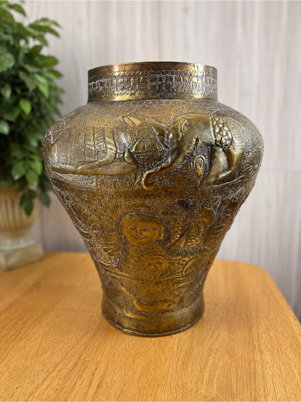 Vintage Hand-Etched Brass Vase with Elephant & Figural Motifs Boho Global Decor